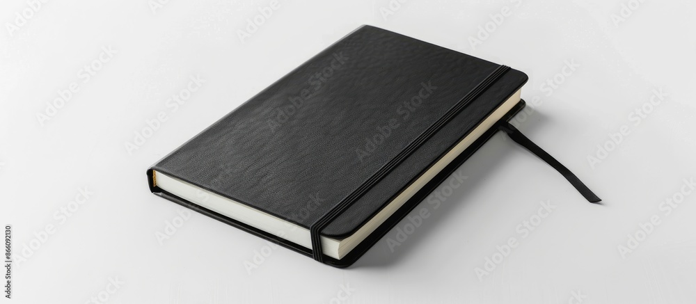 A black notebook template with a blank cover against a white backdrop, designed for easy image editing and featuring a clipping path for customization. Copy space image A black notebook template with a blank cover against a white backdrop, designed for easy image editing and featuring a clipping path for customization. Copy space image