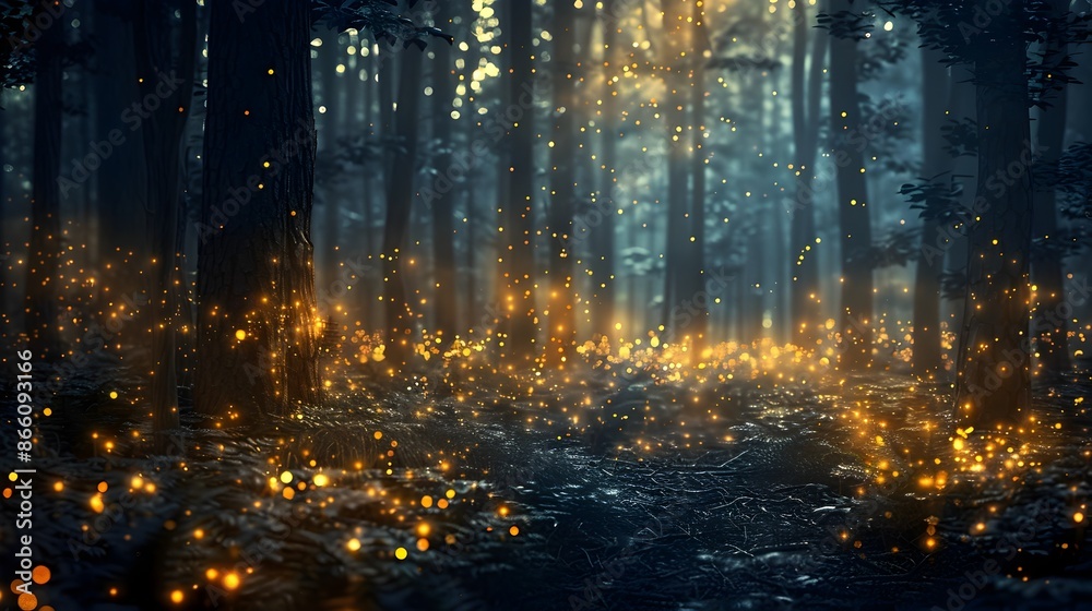 Obraz premium Enchanting Fireflies Illuminate Moody Forest at Twilight with Contrasting Shadows and Light