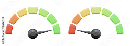 3d speedometer icon. High and low speed status. Scale score of speed, levels, meter, tachometer performance and rating. Stock vector illustration on isolated background.