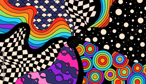 Zentangle coloring page for adult. Psychedelic groovy color background.