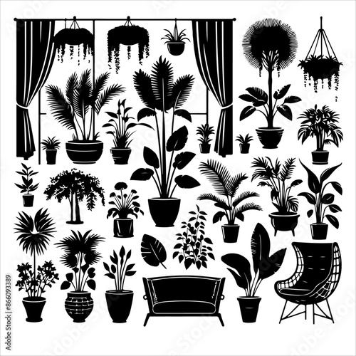 Indoor plant silhouette vector. Houseplants. Vector set of silhouettes home plants, succulents in pot. Indoor exotic flowers with stems and leaves. Plant silhouette collection