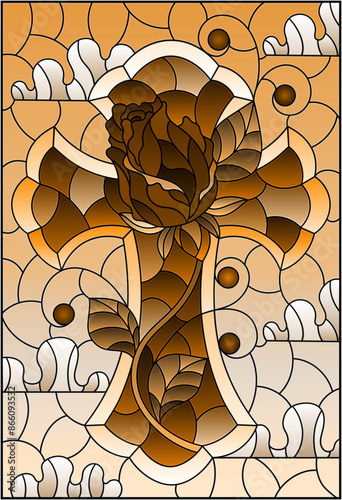 Illustration in the style of a stained glass window with a Christian cross with a rose flower on a background of sky and clouds