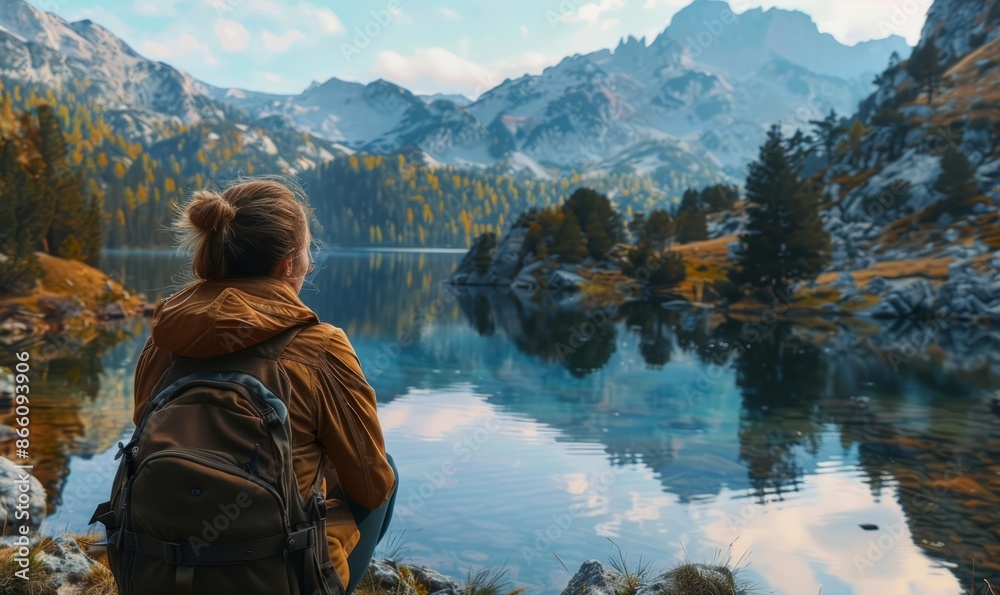 Serene Back View of Woman Admiring Mountain Lake.