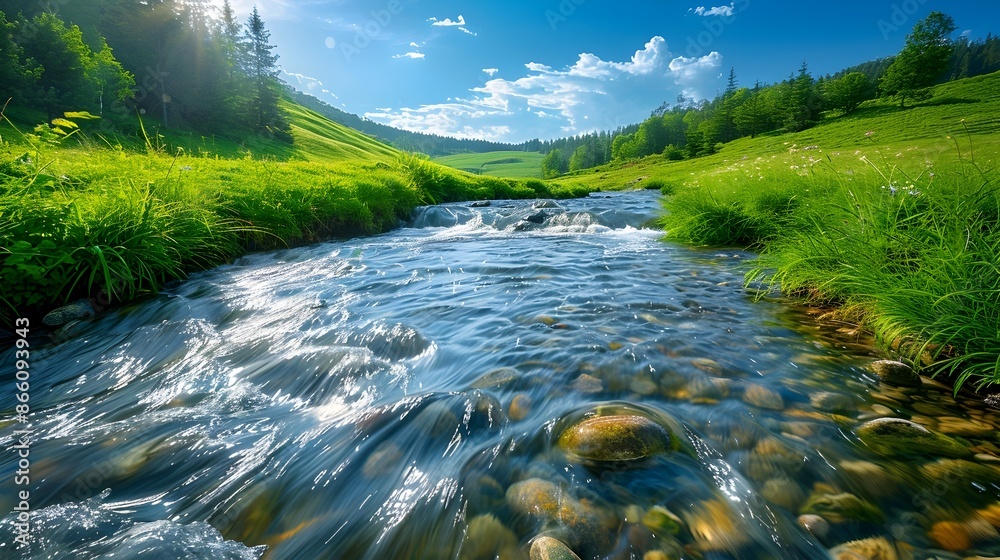 Crisp Clear Stream Flowing Through Verdant Landscape Evoking New Beginnings and Vibrant Energy Crisp Clear Stream Flowing Through Verdant Landscape Evoking New Beginnings and Vibrant Energy