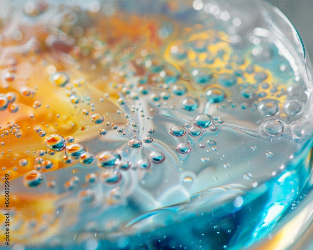 Detailed view of chemical reactions in a petri dish, showcasing vibrant colors and intricate patterns formed during scientific experiment Detailed view of chemical reactions in a petri dish, showcasing vibrant colors and intricate patterns formed during scientific experiment