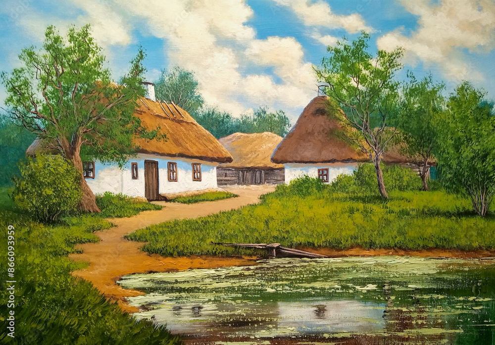 Oil paintings landscape. Rural landscape in the countryside, old hut in the countryside. Fine art, artwork Oil paintings landscape. Rural landscape in the countryside, old hut in the countryside. Fine art, artwork