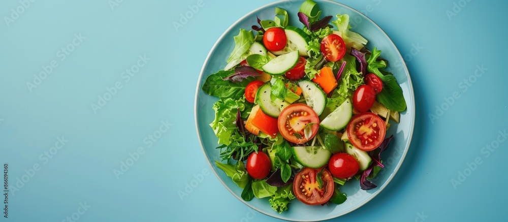 A salad plate with tasty, fresh food displayed on a blue background, promoting balanced nutrition in a copy space image. A salad plate with tasty, fresh food displayed on a blue background, promoting balanced nutrition in a copy space image.