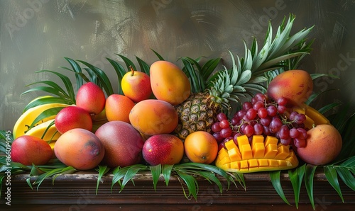 Tropical fruits arrangement, mangoes and pinneaple tropical summer still life photo