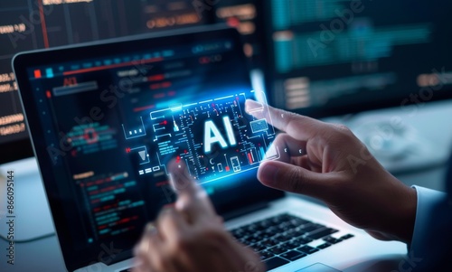 Businessman holding a virtual hologram icon of artificial intelligence