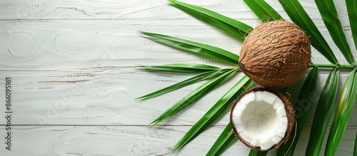 Coconut, a green tropical fruit, displayed on a white wood background with copy space image.