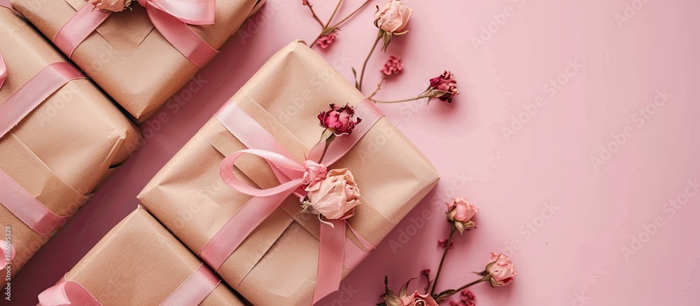 Top view of gift books wrapped in a pink ribbon with small dried roses on a pink backdrop, providing copy space image. Top view of gift books wrapped in a pink ribbon with small dried roses on a pink backdrop, providing copy space image.
