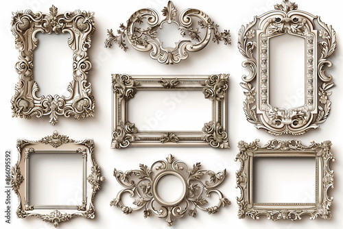 A collection of ornate, vintage-style picture frames with intricate designs and floral patterns, arranged on a white background, showcasing their detailed craftsmanship