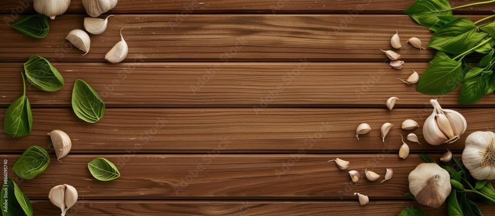 Flat lay view of wooden decking with a garlic-themed background, suitable for culinary contexts, showcasing copy space image. Flat lay view of wooden decking with a garlic-themed background, suitable for culinary contexts, showcasing copy space image.