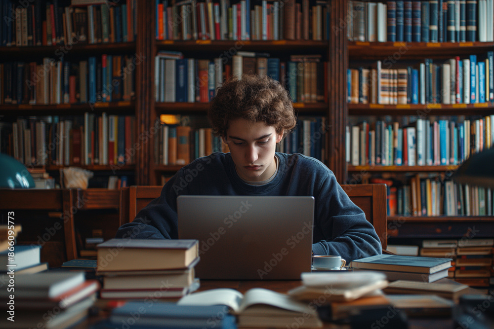 A focused student studying in a library, surrounded by books, working on a laptop at a wooden table, with shelves of books in the background A focused student studying in a library, surrounded by books, working on a laptop at a wooden table, with shelves of books in the background