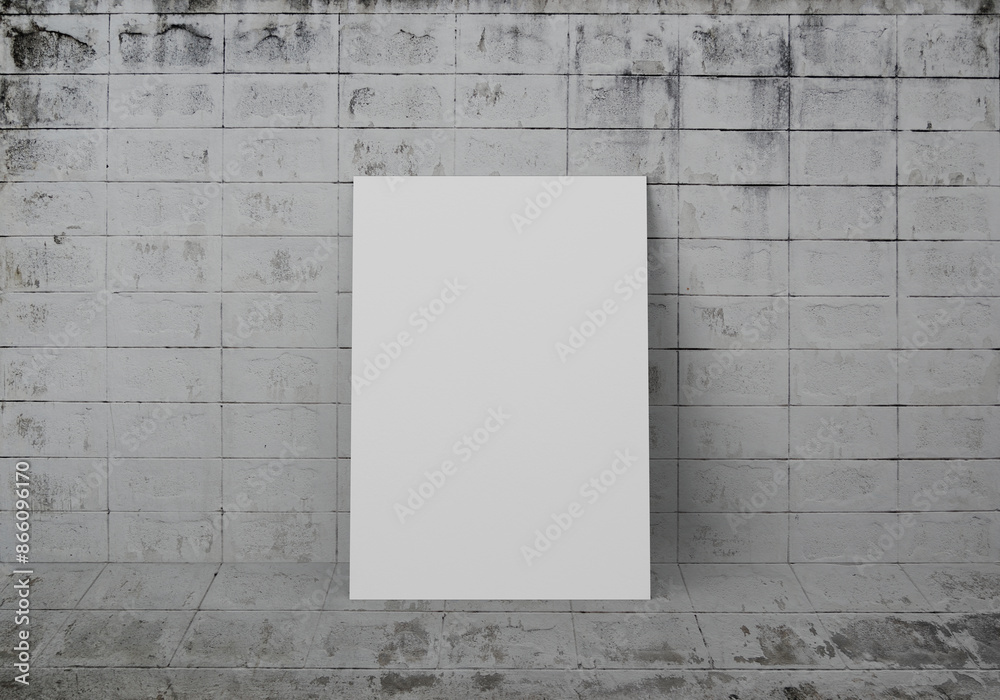 Empty white vertical rectangle paper sheet mockup on grungy white cement floor and wall, 3D rendering Empty white vertical rectangle paper sheet mockup on grungy white cement floor and wall, 3D rendering