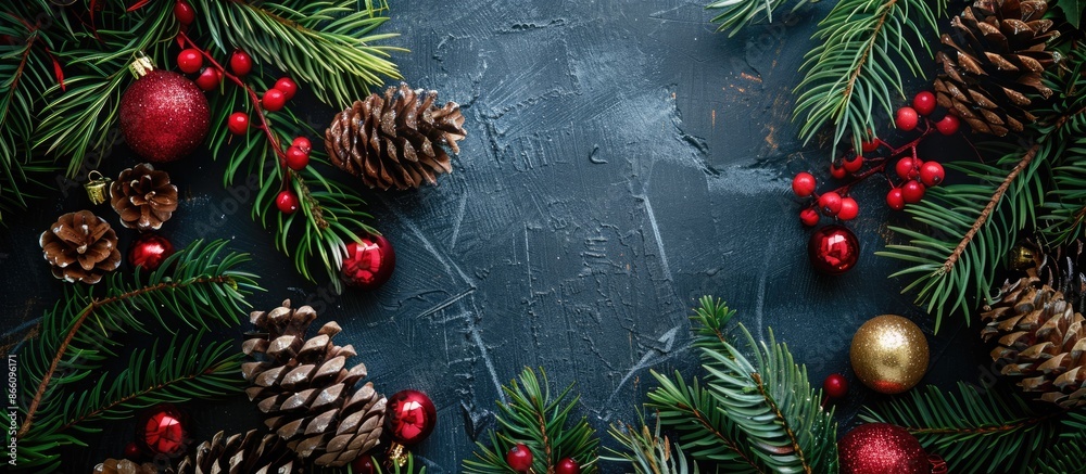 A festive Christmas-themed flat lay with pine leaves, cones, holly balls, and copy space image for card designs, capturing the essence of the holiday season. A festive Christmas-themed flat lay with pine leaves, cones, holly balls, and copy space image for card designs, capturing the essence of the holiday season.