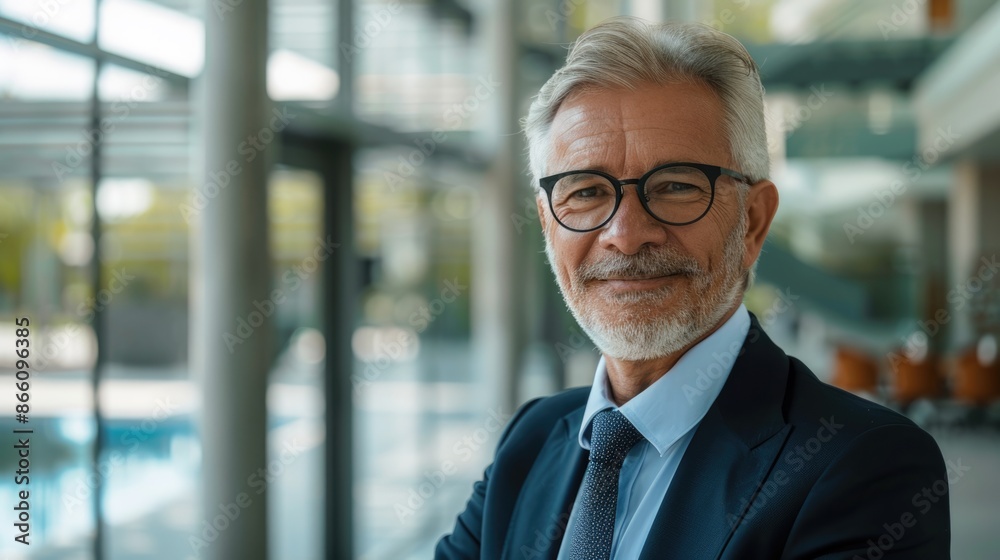 portrait of successful senior businessman consultant looking at camera and smiling inside modern office building