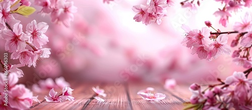 Background of pink wood highlights a beautiful spring cherry blossoms tree in a photo with copy space image. photo