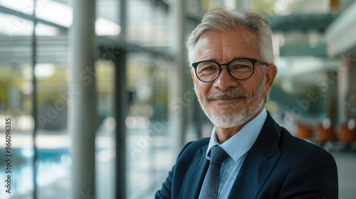 portrait of successful senior businessman consultant looking at camera and smiling inside modern office building