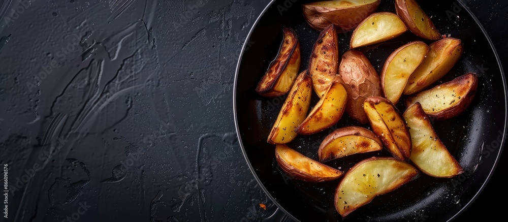 Top-down view of potato wedges cooking in a pan with a black background, ideal for adding text or designs on the empty space around the image. Copy space image. Place for adding text and design Top-down view of potato wedges cooking in a pan with a black background, ideal for adding text or designs on the empty space around the image. Copy space image. Place for adding text and design