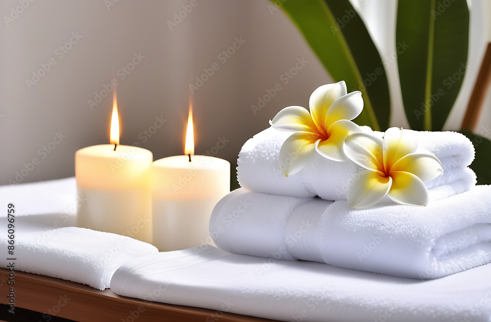 Fresh white towels with candles and frangipani on blurred background of spa room Fresh white towels with candles and frangipani on blurred background of spa room