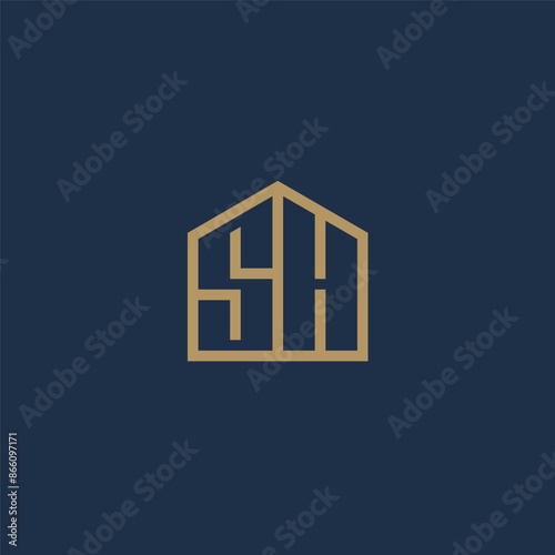 SH or S & H monogram logo in gold house shape - outline style.