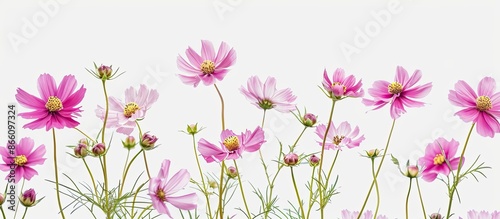 Lovely Pink Cosmos flowers set against a white backdrop with copy space image. © Ilgun