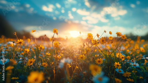 First person view, a field with flowers and a blue sky and with some clouds that direct the viewer's gaze to the center of the image, no sun in the shot, wide shot angle, in this field we have some ye © Wasin Arsasoi