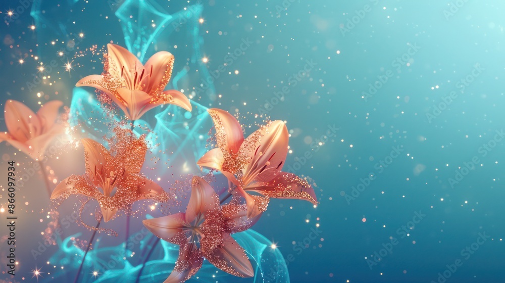 A conceptual piece where rose gold particles swirl around neon lily flowers on a sapphire blue gradient, with stars twinkling subtly in the background, suggesting celestial movement. A conceptual piece where rose gold particles swirl around neon lily flowers on a sapphire blue gradient, with stars twinkling subtly in the background, suggesting celestial movement.