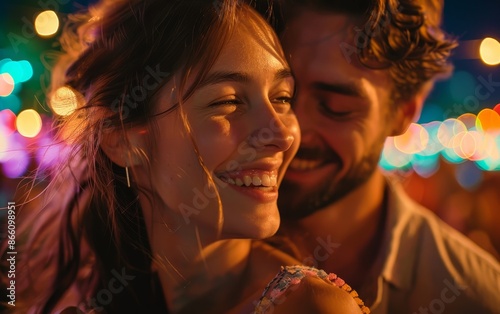 Couple Smiling Closely At Night With Bokeh Lights
