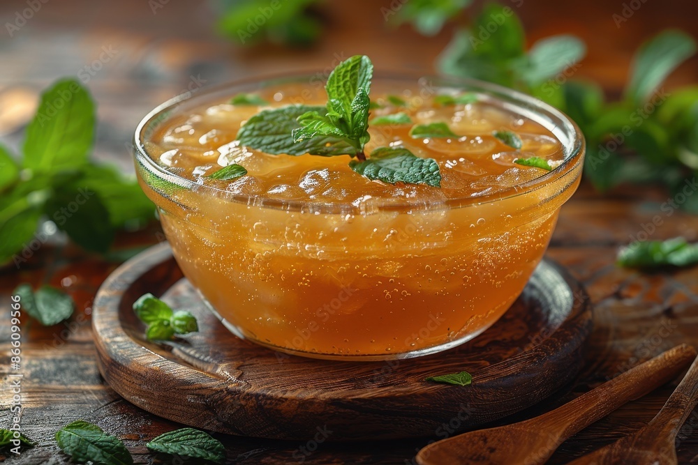 A bowl of kvass, a traditional Russian fermented beverage, served in a glass with a sprig of mint. A bowl of kvass, a traditional Russian fermented beverage, served in a glass with a sprig of mint.