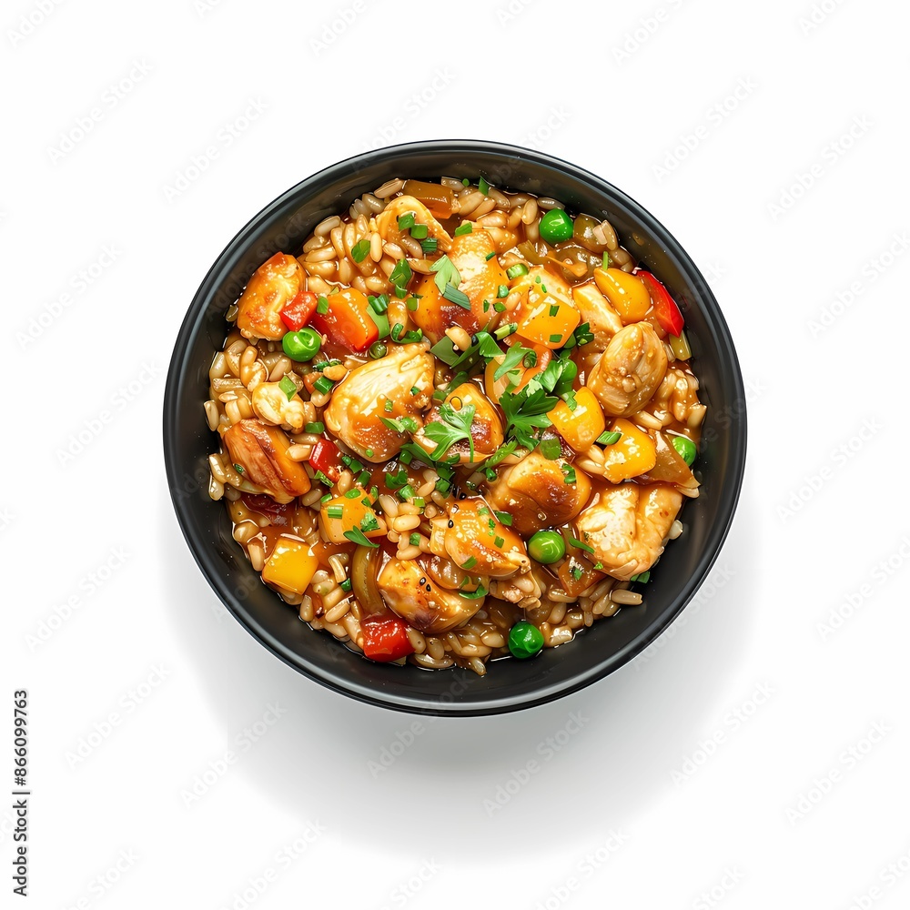 Sweet and sour chicken risotto bowl. Generative ai. Sweet and sour chicken risotto bowl. Generative ai.