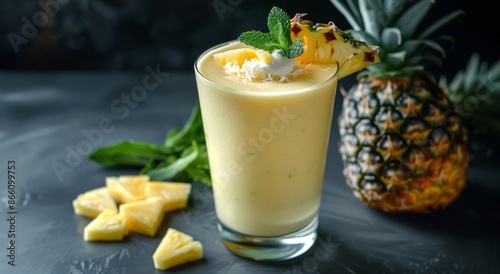 Creamy Pineapple Smoothie With Whipped Cream and Fresh Mint