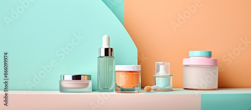 Cosmetic bottles and jars displayed on a background with two contrasting colors, perfect for a copy space image. © Ilgun