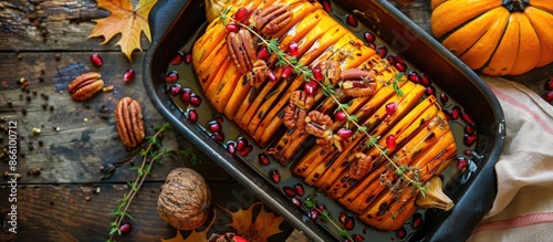 Thanksgiving dinner recipe featuring roasted hasselback butternut squash with thyme, pecan, and pomegranate, presented in a seasonal autumn setting, perfect for a vegan diet, with copy space image. photo