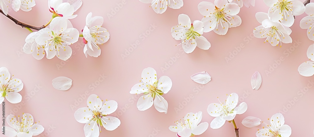 Top view arrangement of white cherry blossoms on a light pink backdrop with empty space for text or design, ideal for a copy space image. Top view arrangement of white cherry blossoms on a light pink backdrop with empty space for text or design, ideal for a copy space image.