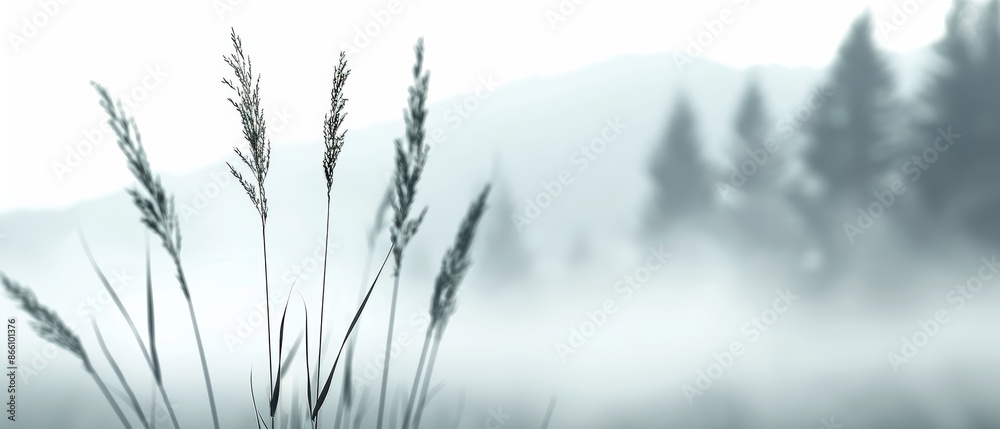 Silhouetted grass in a misty meadow, dense fog, forest and mountain background, magical and serene, representing longevity and abundance Silhouetted grass in a misty meadow, dense fog, forest and mountain background, magical and serene, representing longevity and abundance