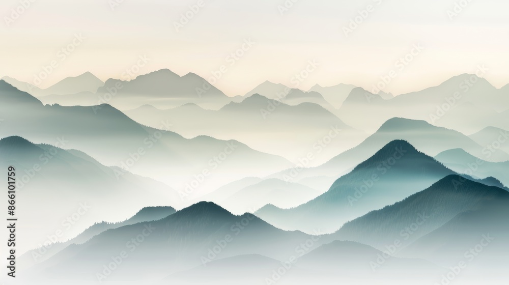Obraz premium Silhouette of a foggy wild landscape, magical mist over hills, abundant forest and mountains, serene and mystical, symbol of longevity