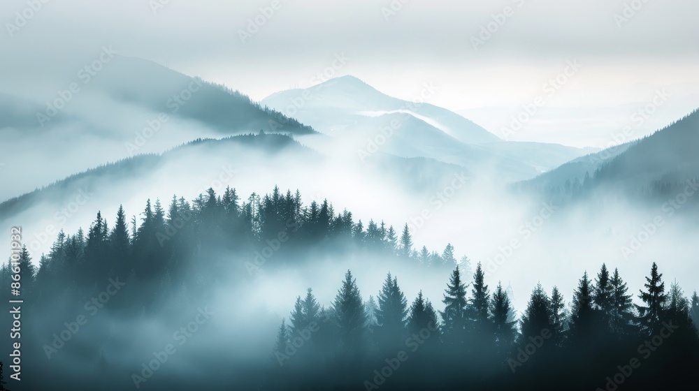 Silhouette of a misty wild landscape, fog enveloping hills, lush forest, majestic mountains, mystical and serene, symbolizing longevity Silhouette of a misty wild landscape, fog enveloping hills, lush forest, majestic mountains, mystical and serene, symbolizing longevity