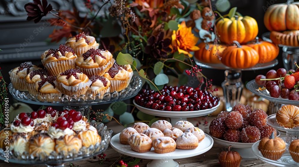 Autumnal dessert table with cupcakes, pastries, pumpkins, and cranberries.