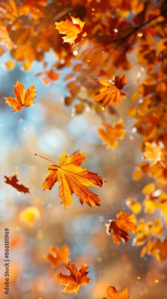 Vivid Autumn Leaves Falling From Trees on a Sunny Day