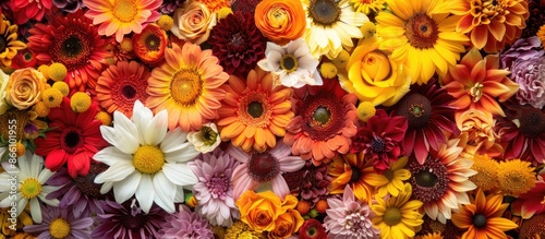 A detailed close up of various colorful flowers like bunga kertas, asteraceae, and sunflowers with diverse shades of red, yellow, white, orange, gold, purple, and brown shades, providing an array of