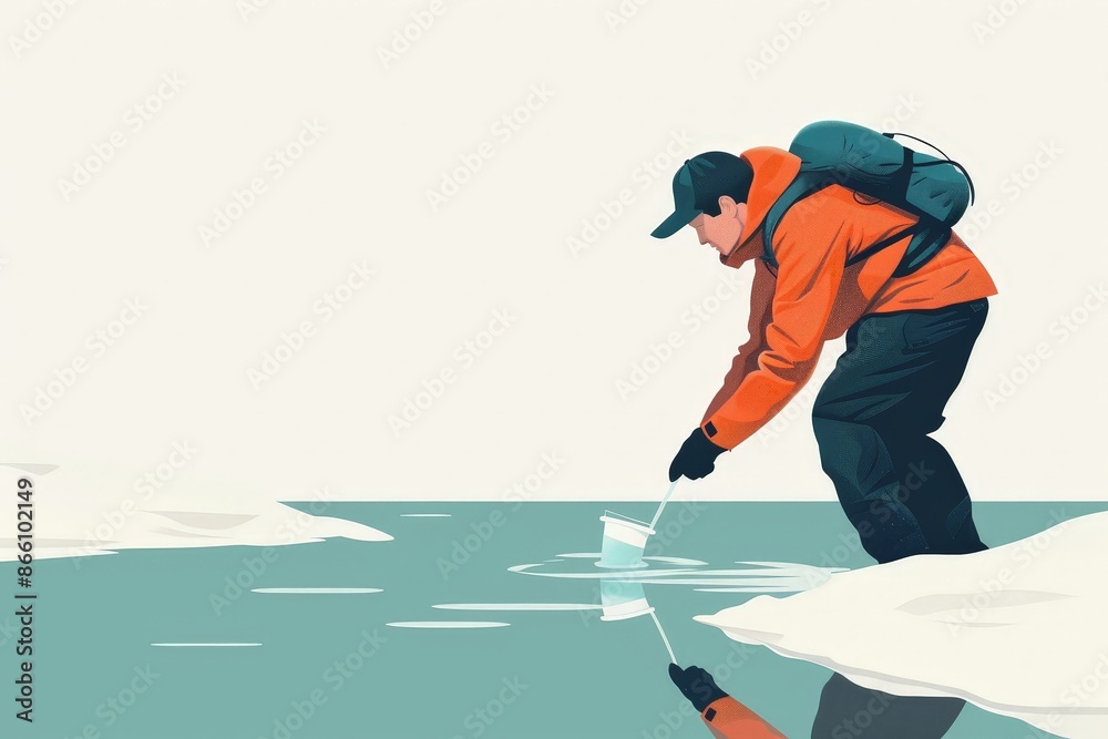 Obraz premium Environmental Biologist Collecting Water Samples - Minimalist 2D Flat Illustration Emphasizing Fieldwork Importance