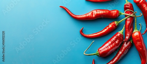 Close-up of vibrant red chili peppers on a classic blue background with ample copy space image.