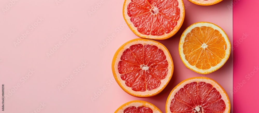 Top view of a fresh grapefruit with juicy slices on a colored background, following a creative summer concept. Half of the citrus displayed in a minimal flat lay with copy space image. Top view of a fresh grapefruit with juicy slices on a colored background, following a creative summer concept. Half of the citrus displayed in a minimal flat lay with copy space image.