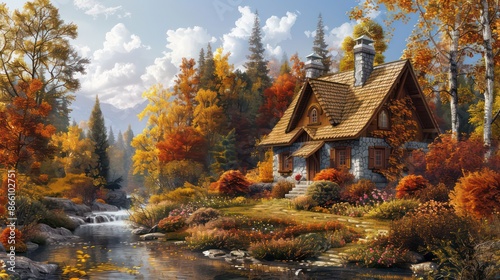 Charming Autumn Cottage by the Lake, Idyllic Fall Foliage Retreat © Zhayyyn Imagine