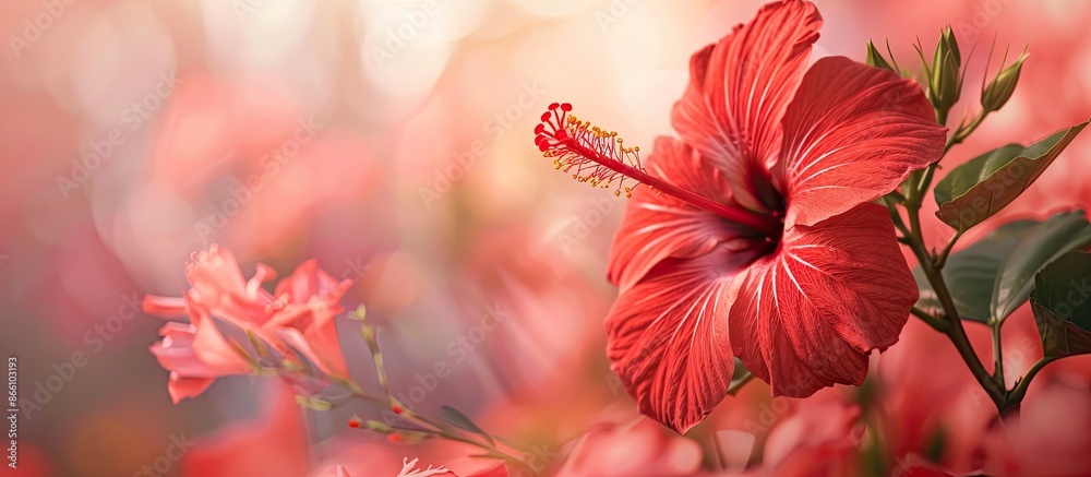 Close-up image showcasing a red hibiscus flower with a blurred background, featuring ample copy space. Close-up image showcasing a red hibiscus flower with a blurred background, featuring ample copy space.