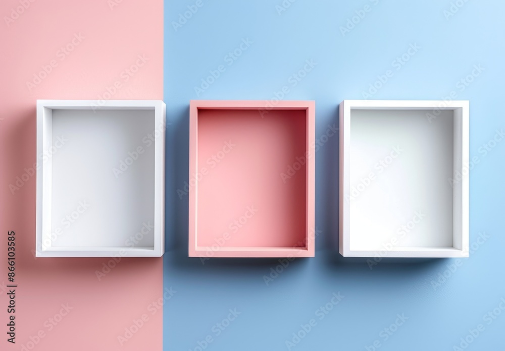 Minimalist plain white background with three empty square shelves Minimalist plain white background with three empty square shelves