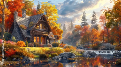 Wallpaper Mural Charming Autumn Cottage by the Lake, Idyllic Fall Foliage Retreat Torontodigital.ca