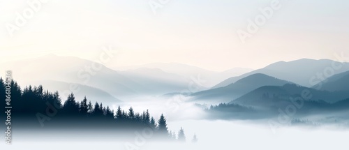 Wild nature landscape silhouette, mystical fog filling the hills, abundant trees, towering mountains, serene and magical ambiance